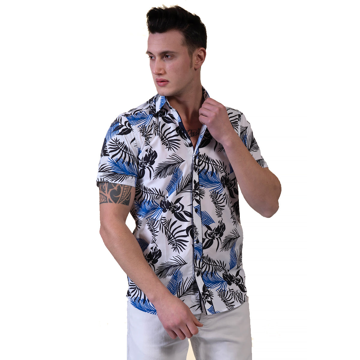 Light Grey Floral Mens Short Sleeve Button up Shirts - Tailored Slim –  Amedeo Exclusive