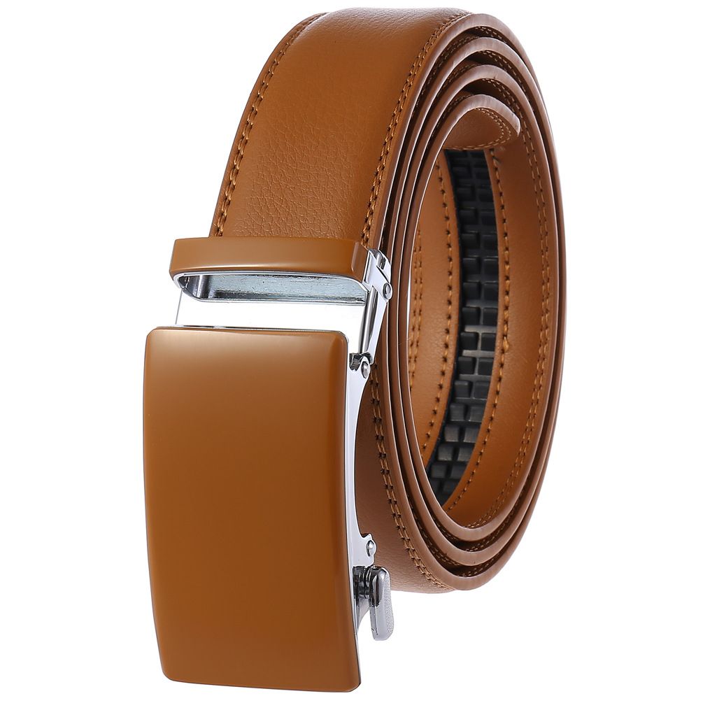 Hi-Tie Orange Leather Mens Belts Designer Automatic Buckle Ratchet