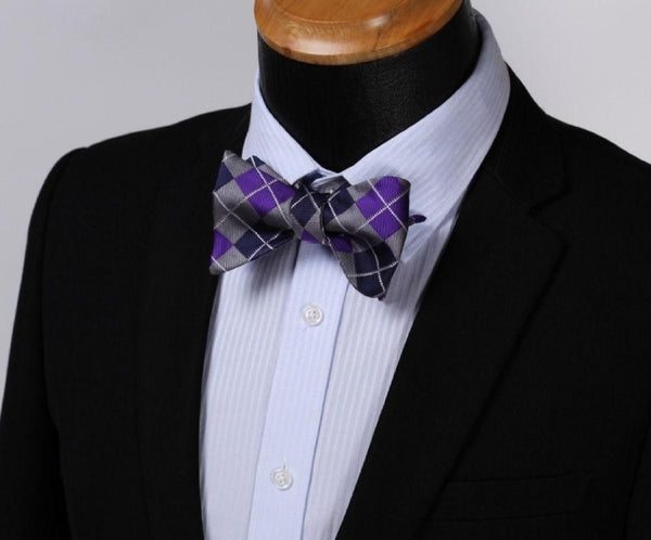 Silk Purple Navy Blue Check Self Bow Tie Handkerchief Amedeo