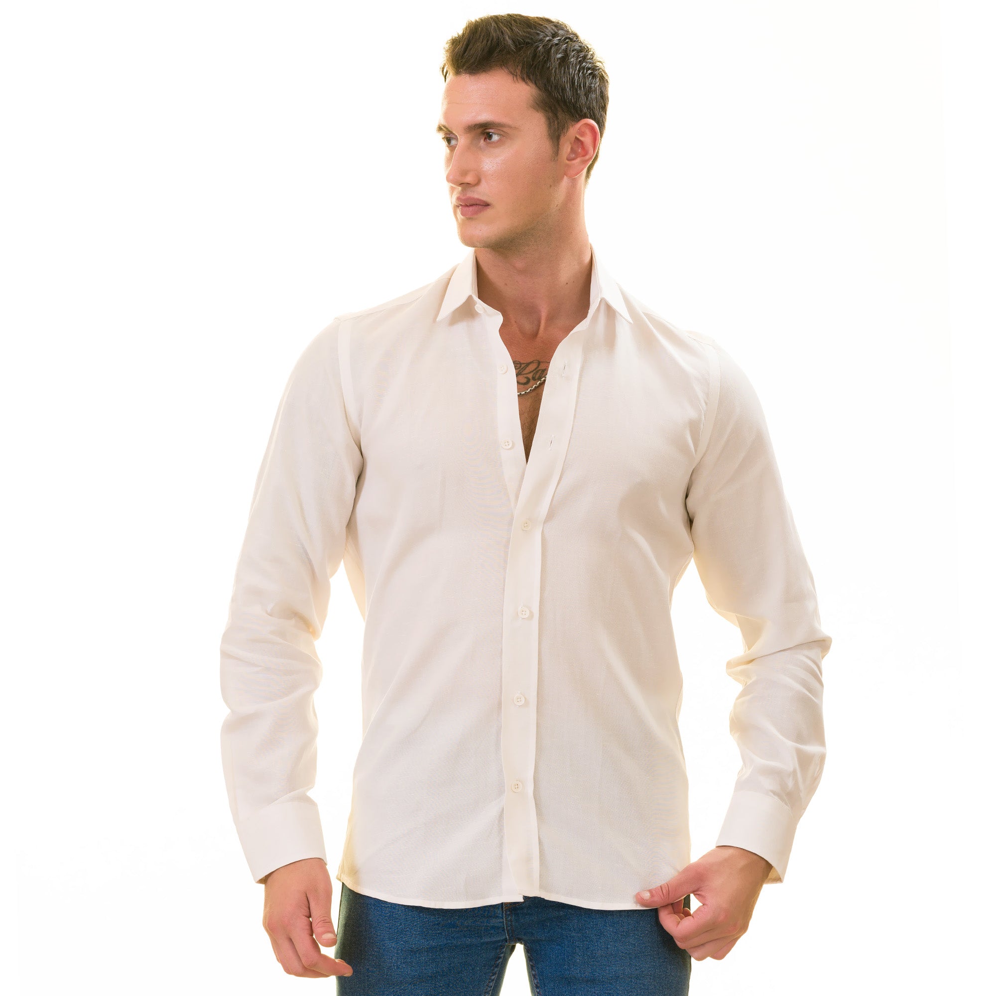 Off-White Luxury Men's Tailor Fit Button Up European Made Linen Shirts –  Amedeo Exclusive