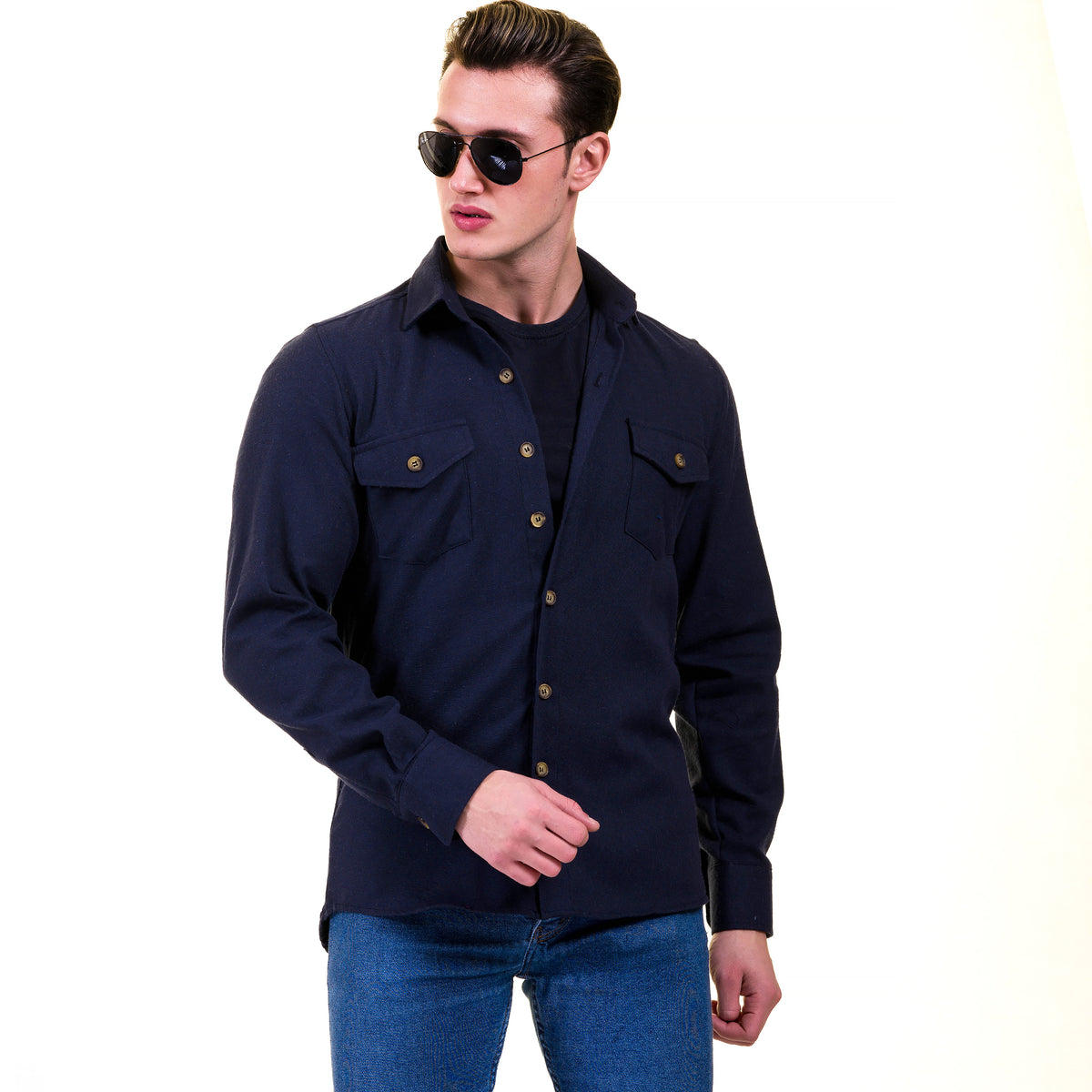 Men Slim Fit Solid Spread Collar Double Pocket Casual Shirt