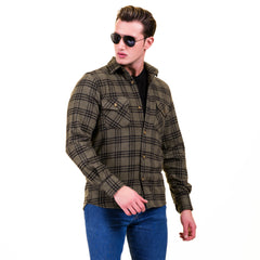 Olive Green Black Check Mens Slim Fit Designer Dress Shirt - tailored Cotton Shirts for Work and Casual Wear