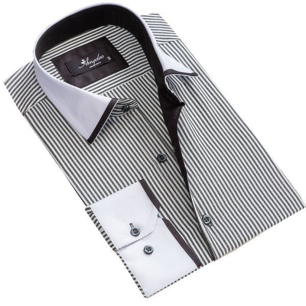 White & Grey lines Mens Slim Fit Designer Dress Shirt - tailored