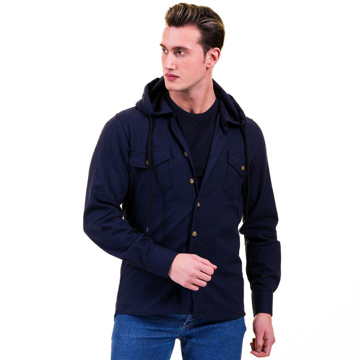 Solid Navy Blue European Wool Luxury Zippered With Hoodie Sweater Jacket Warm Winter Tailor Fit