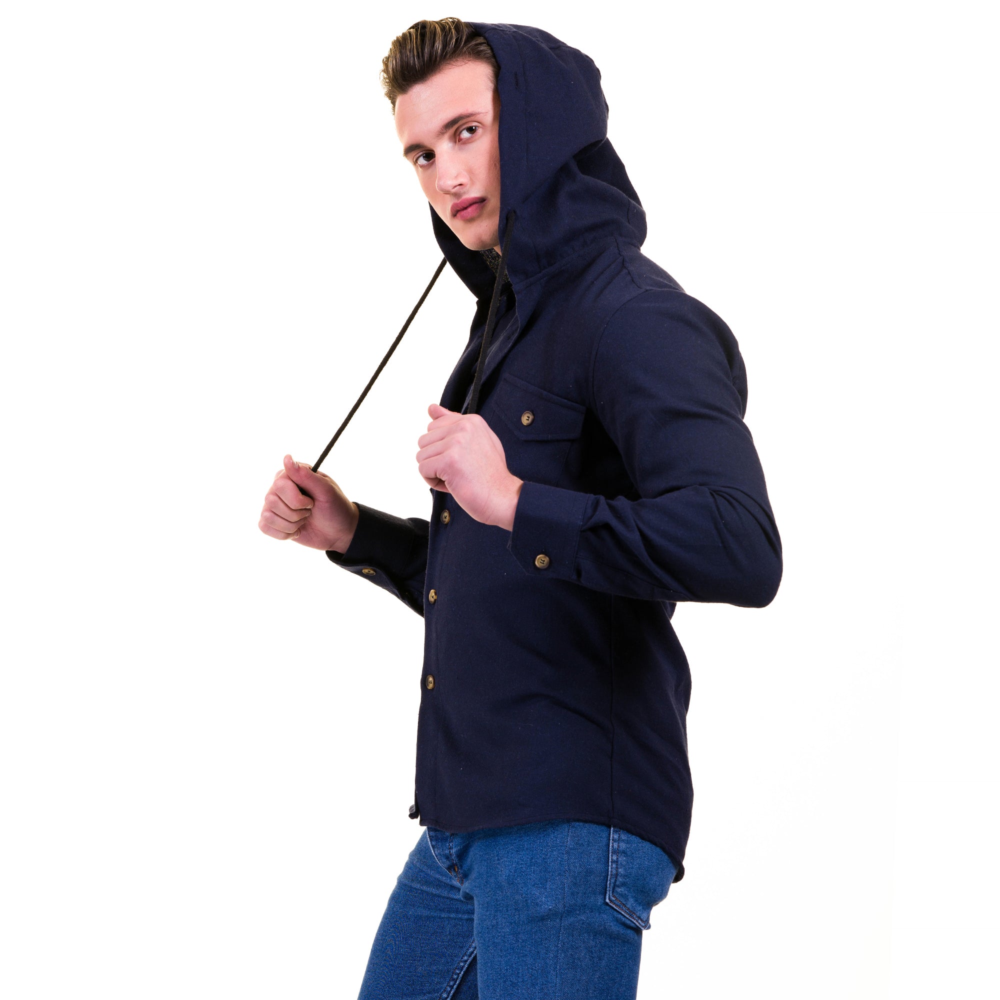 Solid Navy Blue European Wool Luxury Zippered With Hoodie Sweater Jacket Warm Winter Tailor Fit