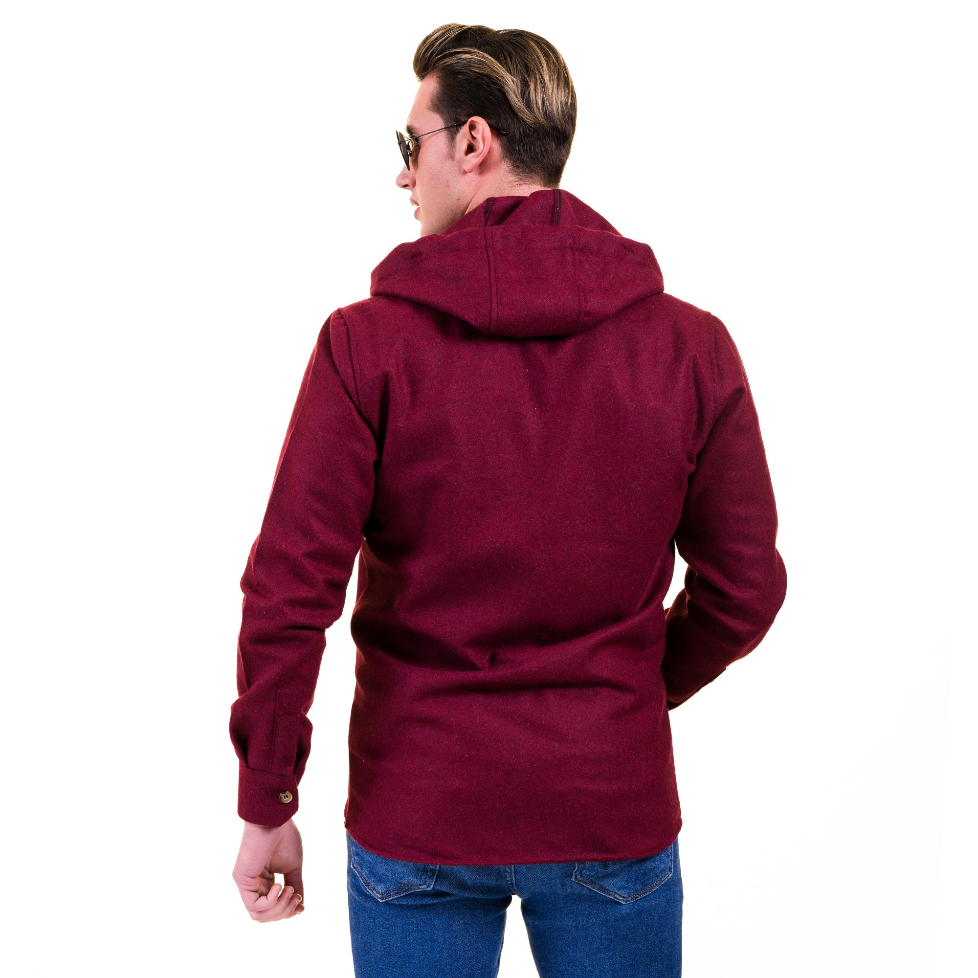 Solid Burgandy European Wool Luxury Zippered With Hoodie Sweater Jacket Warm Winter Tailor Fit