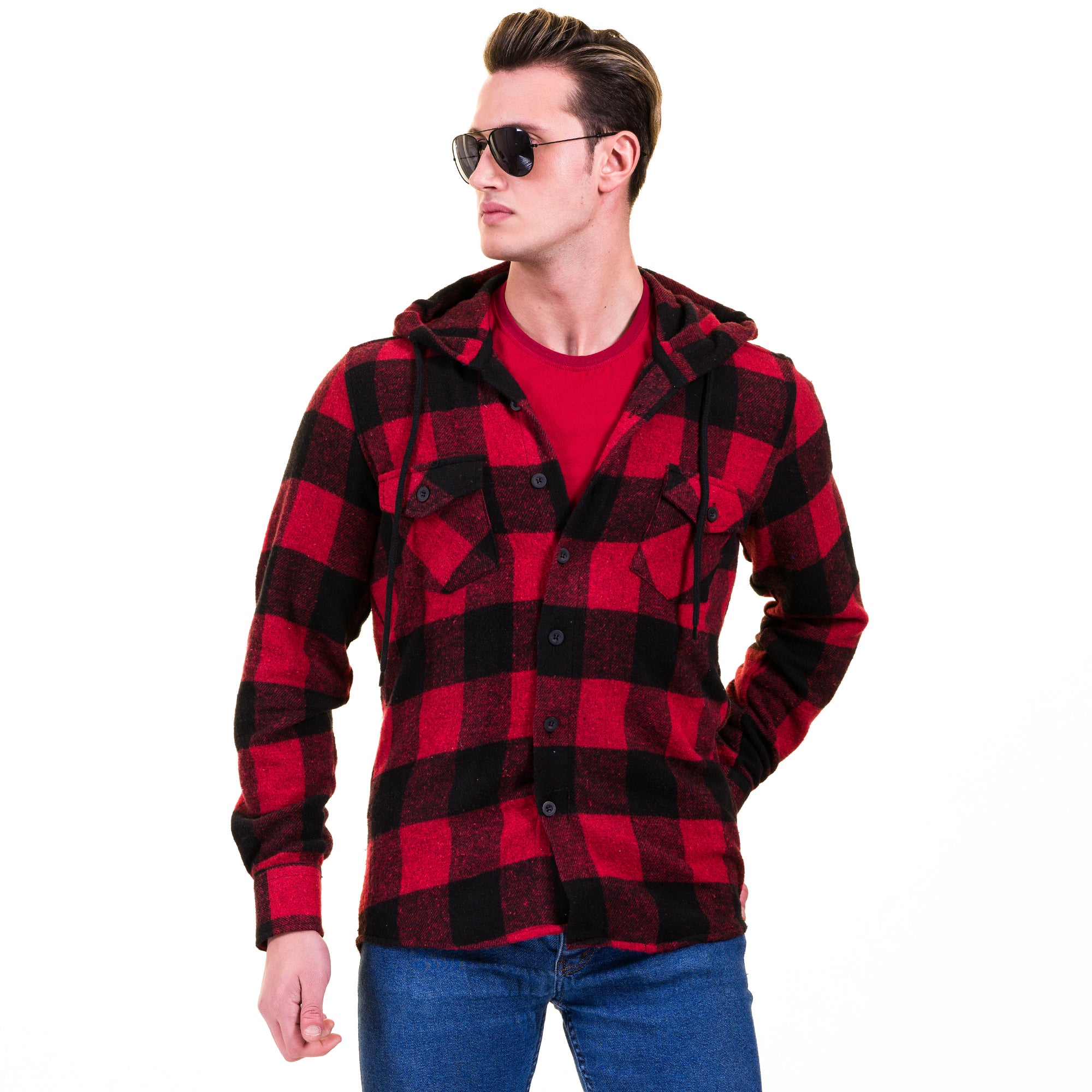 Red and black store checkered hoodie mens