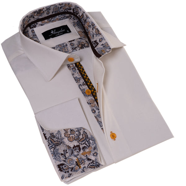 Brown White Mens Slim Fit French Cuff Shirts with Cufflink Holes - Cas –  Amedeo Exclusive