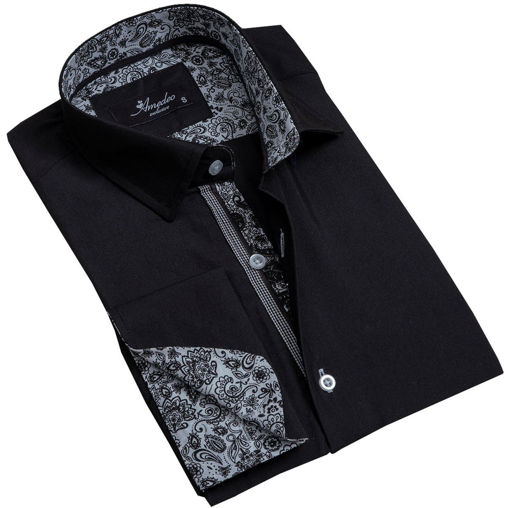 Solid Black Mens Slim Fit French Cuff Shirts with Cufflink Holes ...