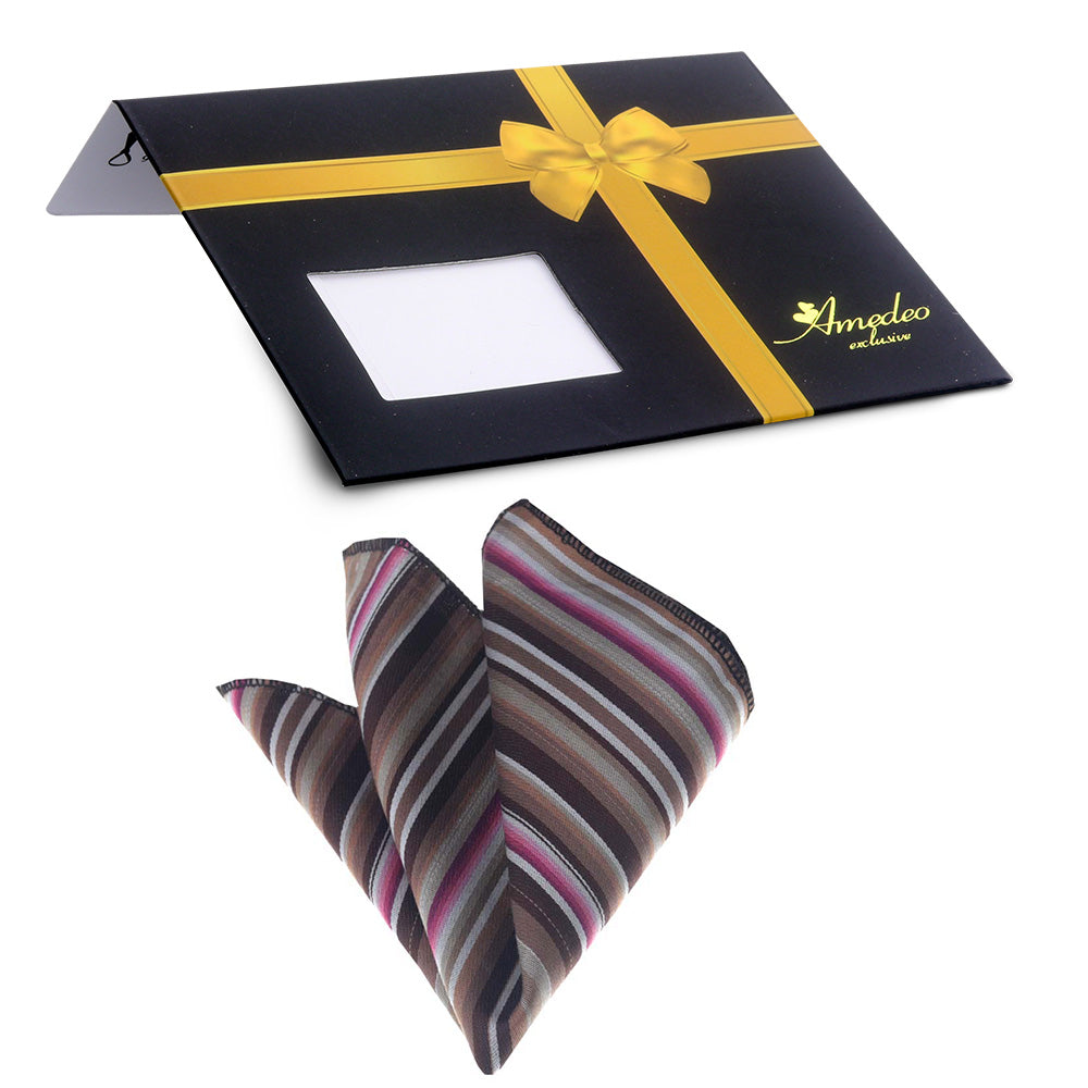 Men's Pink Brown White Stripes Pocket Square Hanky Handkerchief - Amedeo Exclusive