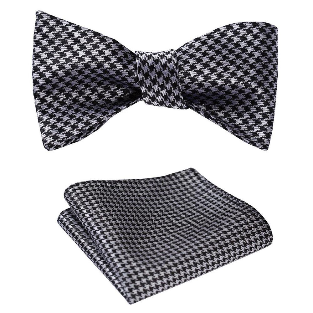 Black With Silver Check Mens Silk Self tie Bow Tie with Pocket Squares Set - Amedeo Exclusive