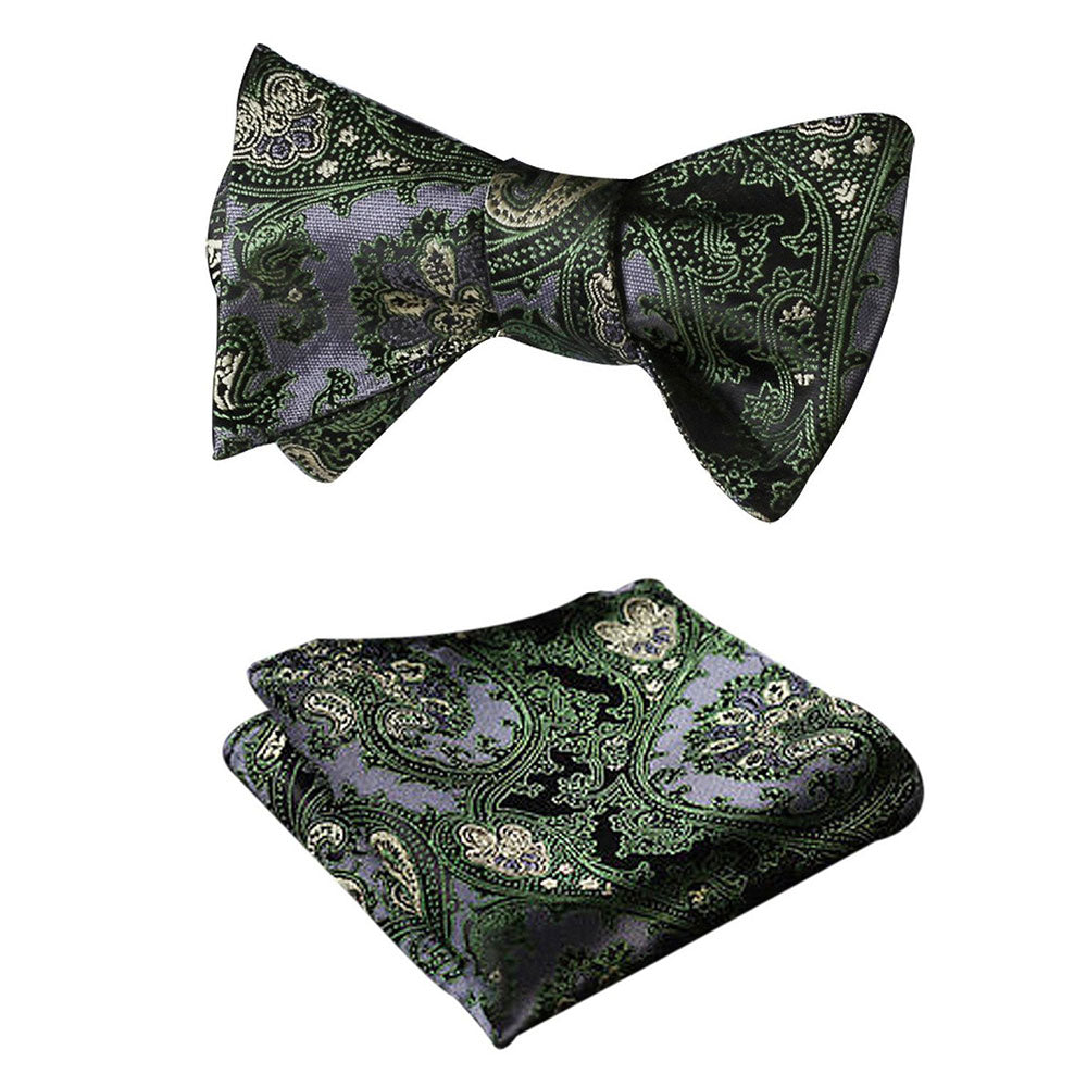 Green Textured Mens Silk Self tie Bow Tie with Pocket Squares Set - Amedeo Exclusive