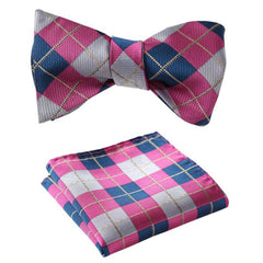 Men's Pink Gray Check Silk Self Bow Tie & Handkerchief - Amedeo Exclusive