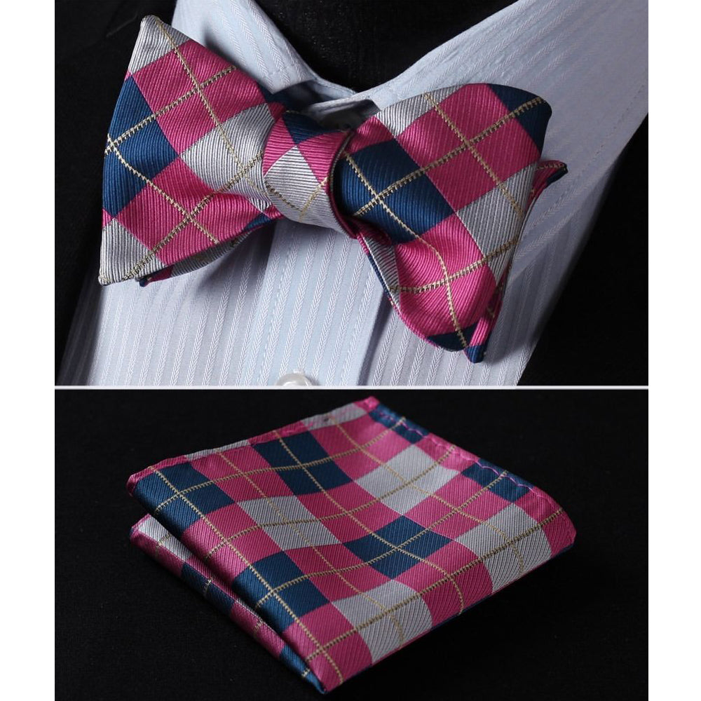 Men's Pink Gray Check Silk Self Bow Tie & Handkerchief - Amedeo Exclusive