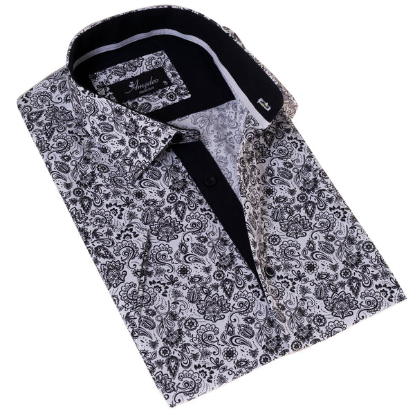 Black & White Paisley Short Sleeve Button up Shirts - Tailored Slim Fi – Amedeo  Exclusive