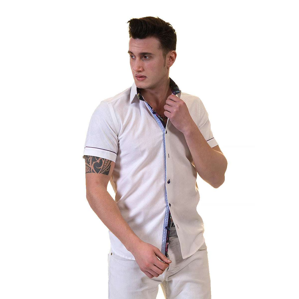 White Mens Short Sleeve Button up Shirts - Tailored Slim Fit Cotton Dress Shirts