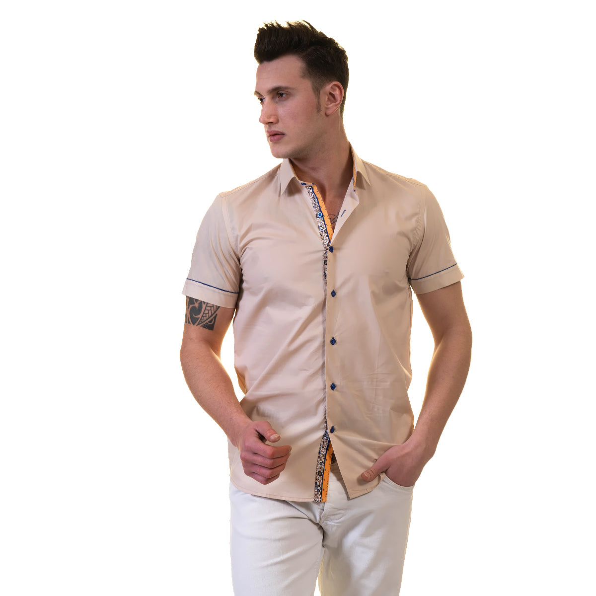 Incerun Men's Collarless Short Sleeve Button Down Casual Dress Shirt Tops, Size: Small, Beige