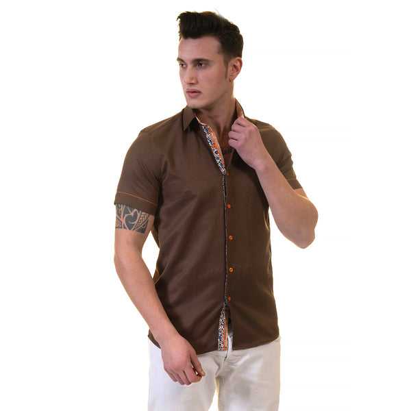 Mens Brown Short Sleeve Button up Shirts - Tailored Slim Fit Cotton