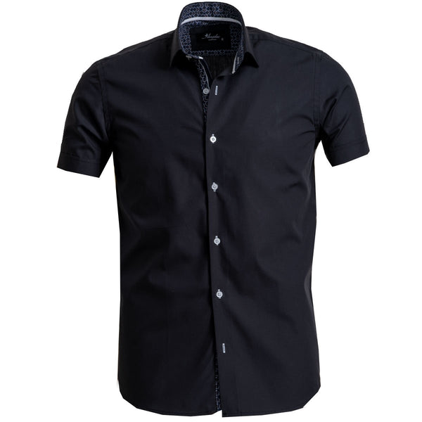 Solid Black Mens Short Sleeve Button up Shirts - Tailored Slim Fit Cotton  Dress Shirts
