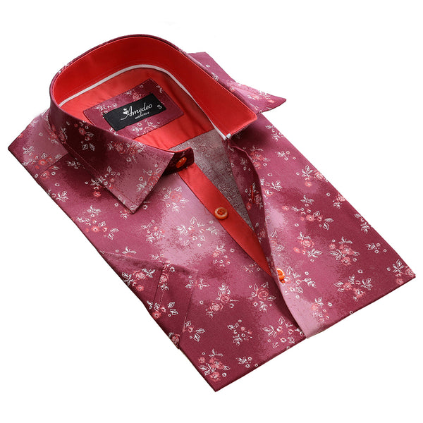 White slim fit shirt with red floral collar and cuffs and red buttons