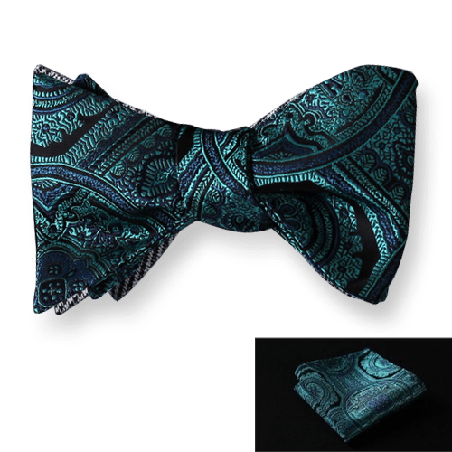 Men's Silk Aqua Floral check Self  Bow Tie with Pocket Handkerchief - Amedeo Exclusive