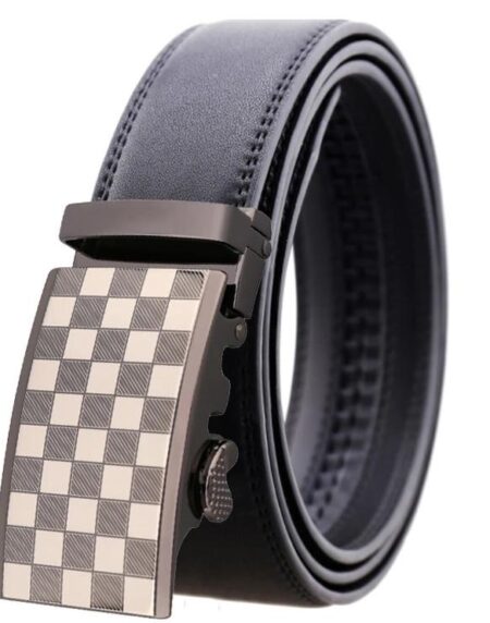 Amedeo Exclusive Men's Black Belt Silver White Black Checkered Buckle Leather - Amedeo Exclusive