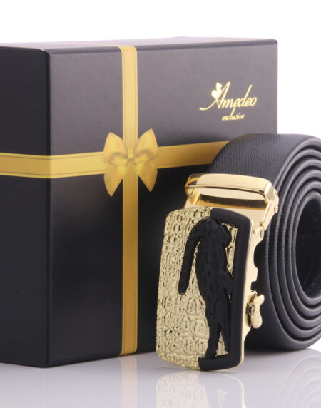 Men's Stainless Steel Black Belt - Gold & Black Crocodile Buckle Belt - Amedeo Exclusive