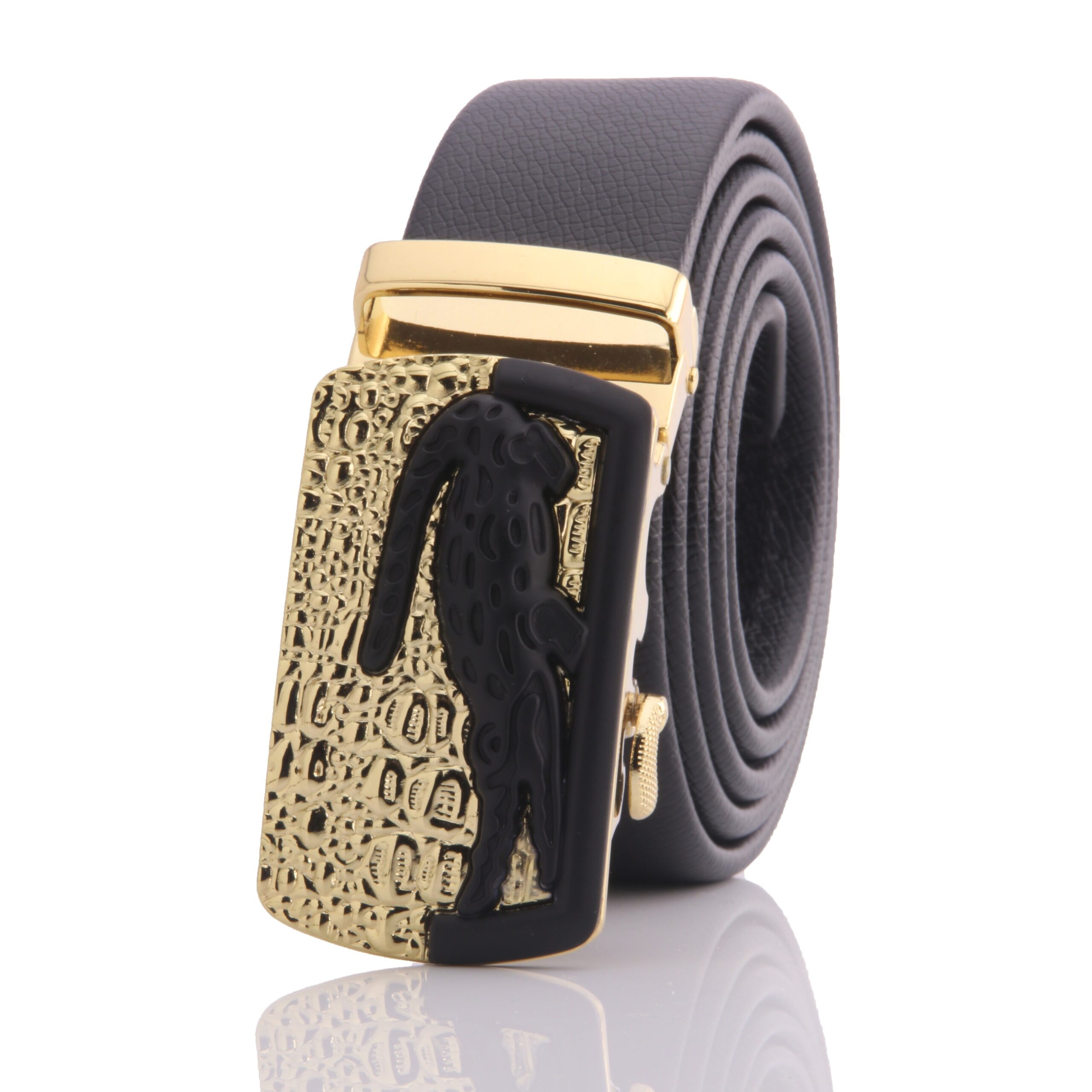 Men's Black Leather Ratchet Belt – Gold Crocodile Automatic Buckle – No Holes Comfort Fit (28”–52”) - Image 2