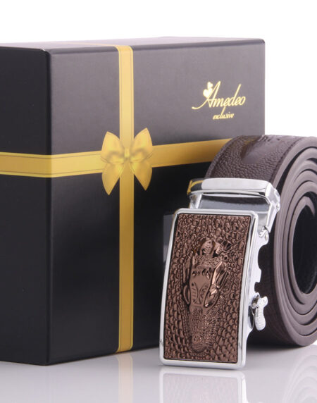 Men's Stainless Steel Brown Belt - Brown Dragon Buckle Belt - Amedeo Exclusive