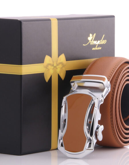 Men's Stainless Steel Tan Belt - Tan Buckle Belt - Amedeo Exclusive