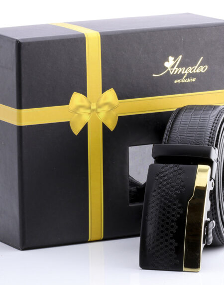 Men's Smart Ratchet No Holes Automatic Buckle Belt in Gold & Black Color - Amedeo Exclusive