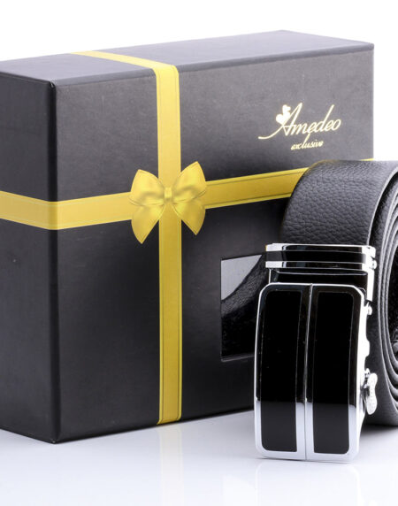 Men's Smart Ratchet No Holes Automatic Buckle Belt in Silver & Black Color - Amedeo Exclusive