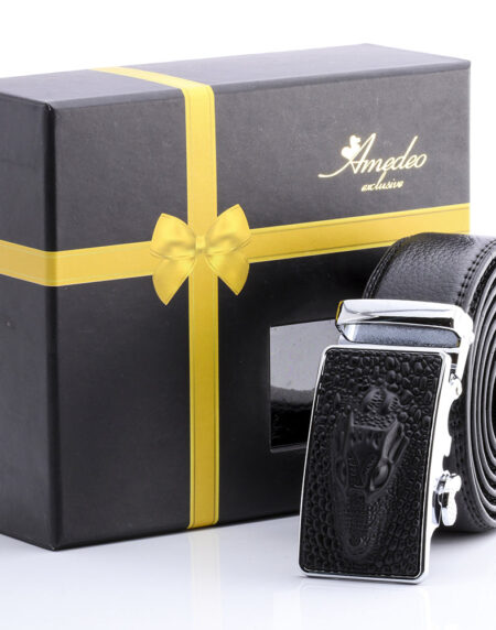 Men's Smart Ratchet No Holes Automatic Buckle Belt in Black & Silver Color - Amedeo Exclusive