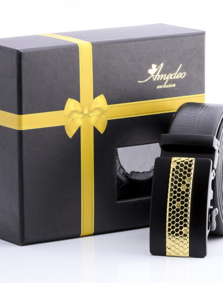 Men's Stainless Steel Black Belt with Gold & Black Buckle - Amedeo Exclusive