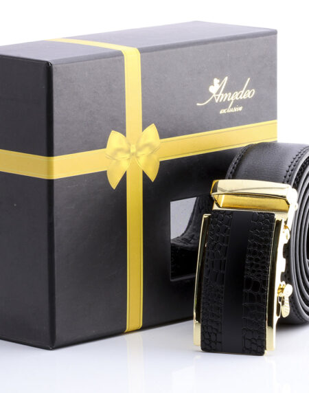 Men's Smart Ratchet No Holes Automatic Buckle Belt in Gold & Black Color - Amedeo Exclusive