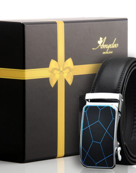 Men's Stainless Steel Black Belt with Blue & Black Buckle - Amedeo Exclusive