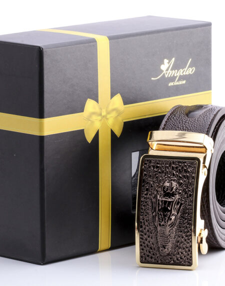 Men's Smart Ratchet No Holes Automatic Buckle Belt in Gold & Brown Alligator Color - Amedeo Exclusive