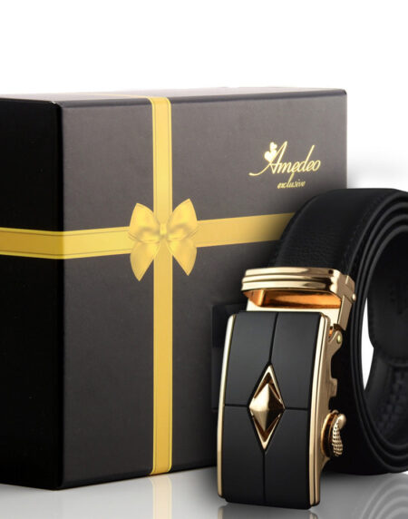 Men's Smart Ratchet No Holes Automatic Buckle Belt in Gold & Black Color - Amedeo Exclusive