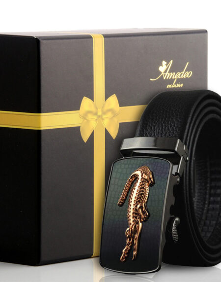 Men's Smart Ratchet No Holes Automatic Buckle Belt in Gold & Black Color - Amedeo Exclusive