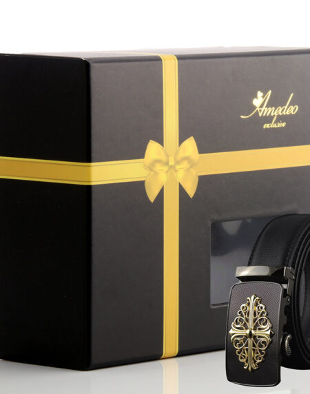 Men's Smart Ratchet No Holes Automatic Buckle Belt in Gold & Black Color - Amedeo Exclusive