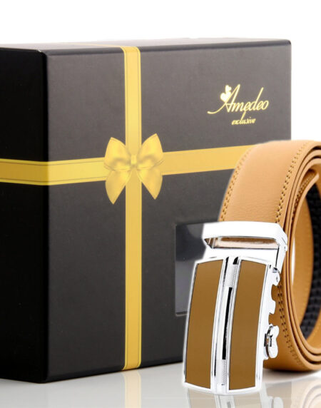 Men's Smart Ratchet No Holes Automatic Buckle Belt in Tan & Silver Color - Amedeo Exclusive