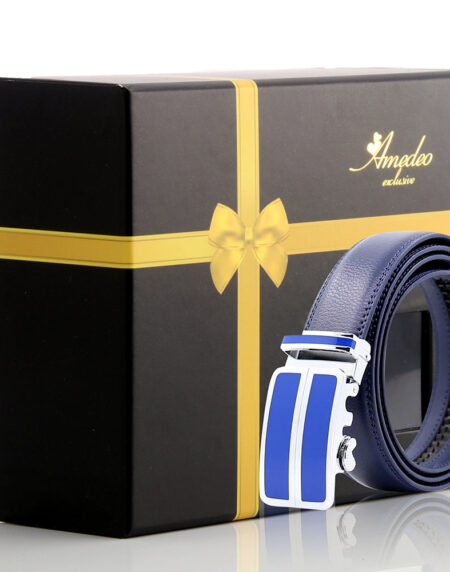 Men's Smart Ratchet No Holes Automatic Buckle Belt in Silver & Blue Color - Amedeo Exclusive