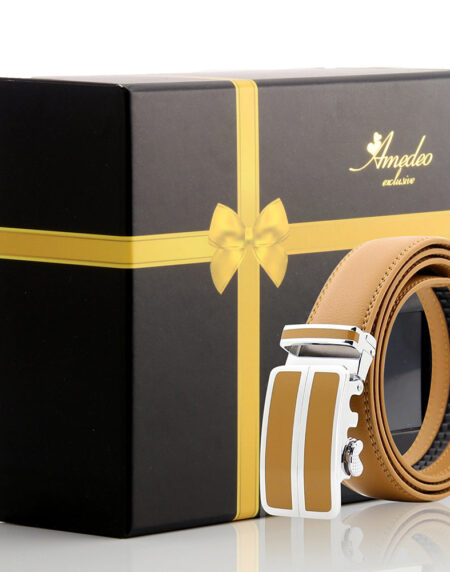 Men's Smart Ratchet No Holes Automatic Buckle Belt in Tan & Silver Color - Amedeo Exclusive