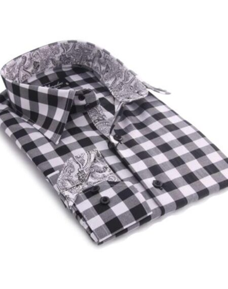 Black & White Check Mens Slim Fit Designer Dress Shirt - tailored Cotton Shirts for Work and - Amedeo Exclusive
