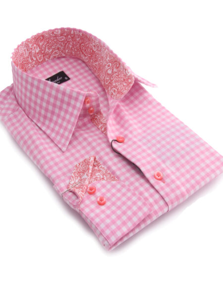 Pink and White Check Mens Slim Fit Designer Dress Shirt - tailored Cotton Shirts for Work and Casual Wear - Amedeo Exclusive