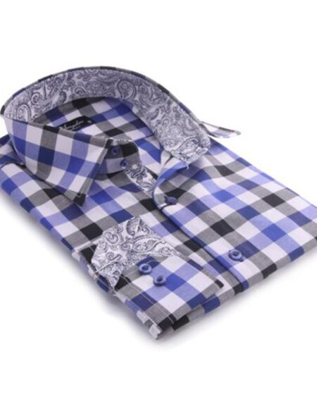 Blue Check with Paisley Mens Slim Fit Designer Dress Shirt - tailored Cotton Shirts for Work and Casual Wear - Amedeo Exclusive