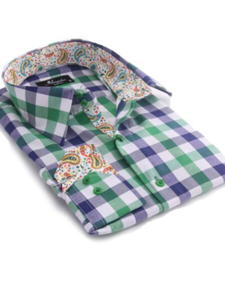 Green Check Mens Slim Fit Designer Dress Shirt - tailored Cotton Shirts for Work and Casual Wear - Amedeo Exclusive