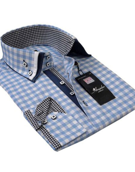 Light Blue Checkered Mens Slim Fit Designer Dress Shirt - tailored Cotton Shirts for Work and Casual - Amedeo Exclusive