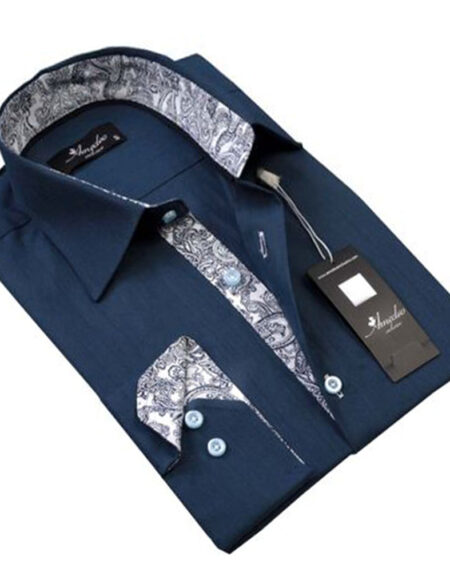 Medium Blue with White Paisley Mens Slim Fit Designer Dress Shirt - tailored Cotton Shirts for - Amedeo Exclusive