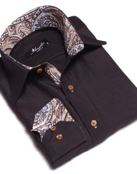 Black with Tan Paisley Mens Slim Fit Designer Dress Shirt - tailored Cotton Shirts for Work and - Amedeo Exclusive
